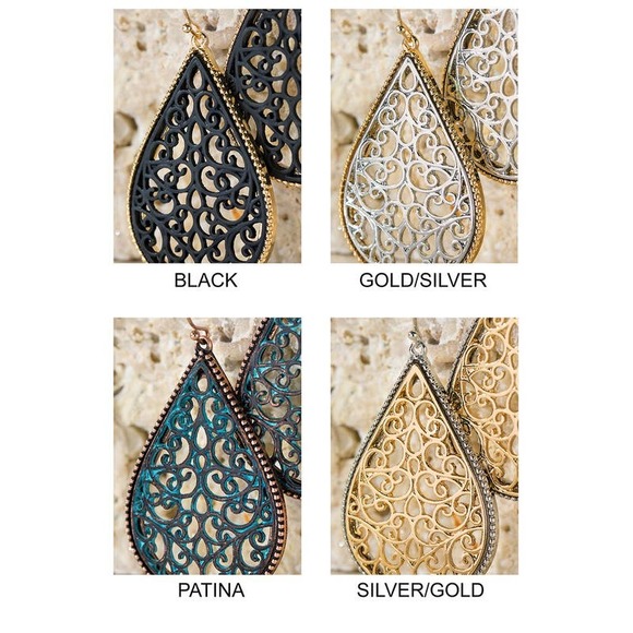 Boutique Two Tone Metallic Patina Rose Gold Filigree Teardrop Dangle Earrings - Picture 3 of 3